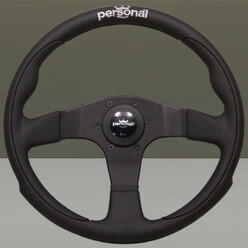Volant Personal Pole Position (350 mm) Cuir Noir & Cuir Noir Perforé, Branches Noires, Logo Argent