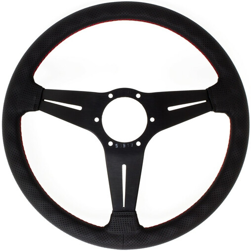 Volant Nardi Deep Corn Ø35, Cuir Noir Perforé, Branches Noires, Coutures Rouges, Tulipé 80 mm
