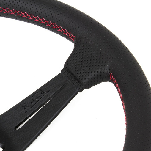 Volant Nardi Deep Corn Ø35, Cuir Noir Perforé, Branches Noires, Coutures Rouges, Tulipé 80 mm