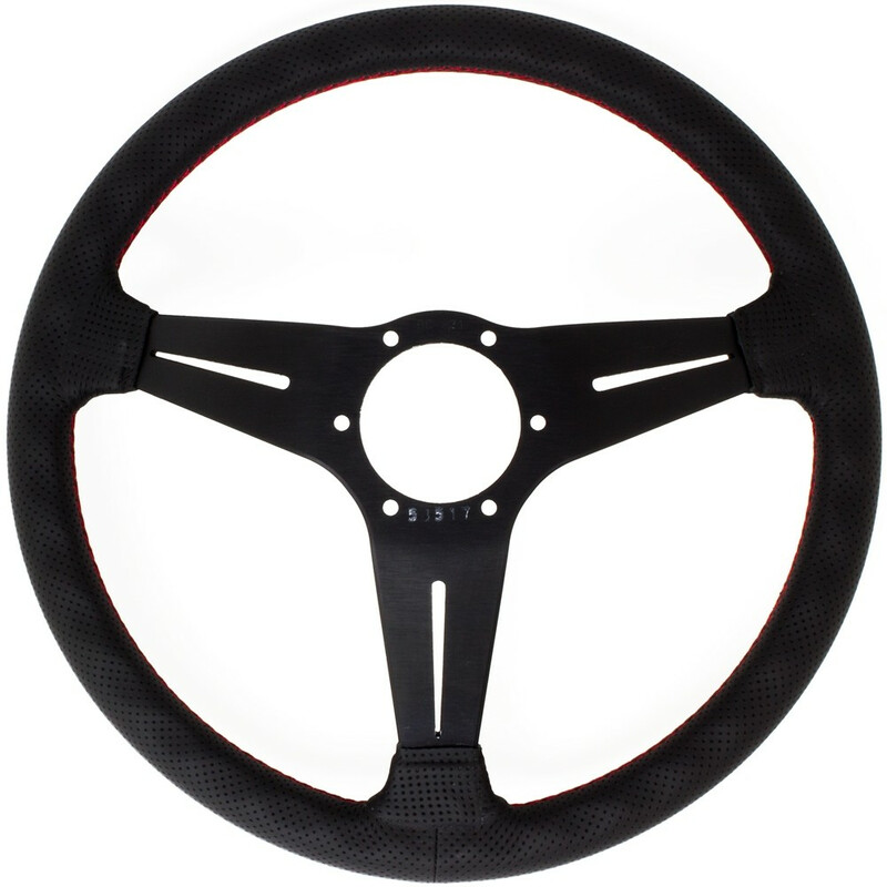 Volant Nardi Deep Corn Ø35, Cuir Noir Perforé, Branches Noires, Coutures Rouges, Tulipé 80 mm
