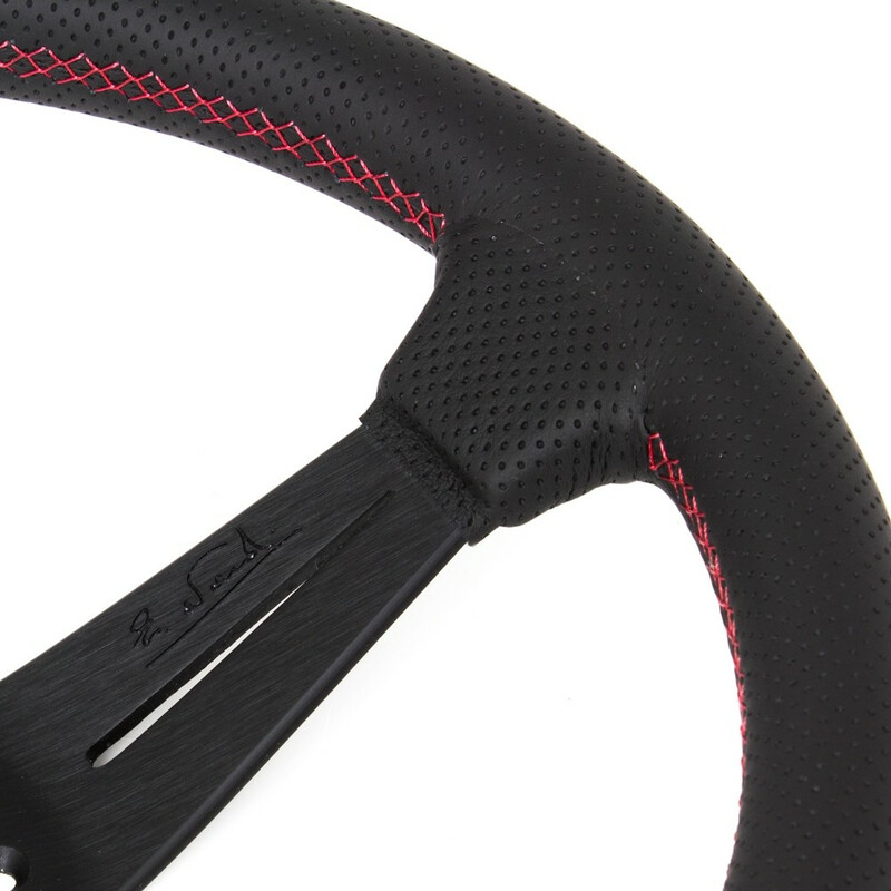 Volant Nardi Deep Corn Ø35, Cuir Noir Perforé, Branches Noires, Coutures Rouges, Tulipé 80 mm