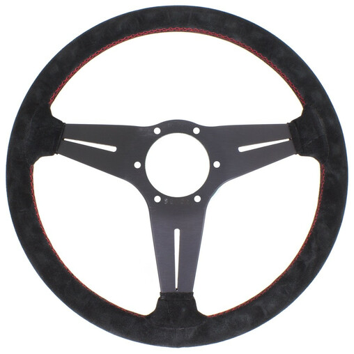 Volant Nardi Deep Corn Ø35, Cuir Noir Retourné, Branches Noires, Coutures Rouges, Tulipé 75 mm