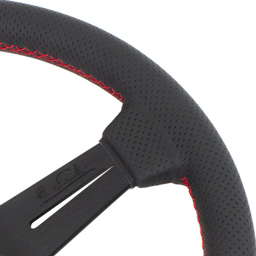 Volant Nardi Classic ND33, Cuir Noir Perforé, Branches Noires, Coutures Rouges, Tulipé 25 mm