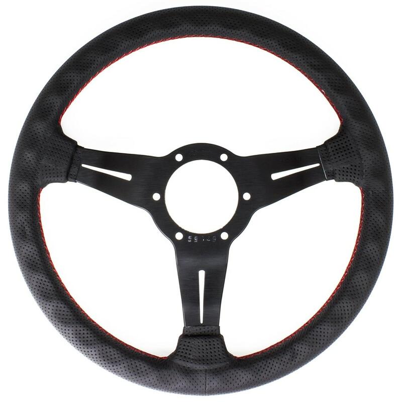 Volant Nardi Deep Corn Ø33, Cuir Noir Perforé, Branches Noires, Coutures Rouges, Tulipé 50 mm