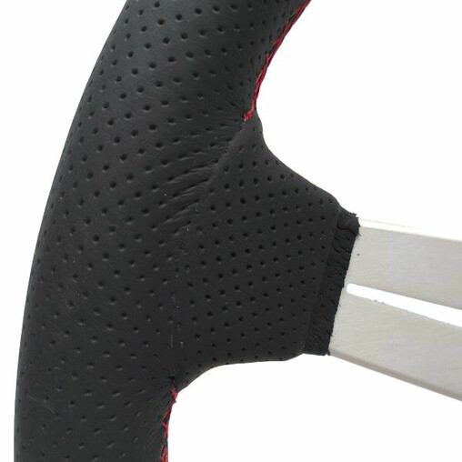 Volant Nardi Deep Corn Ø35, Cuir Noir Perforé, Branches Alu, Coutures Rouges, Tulipé 75 mm