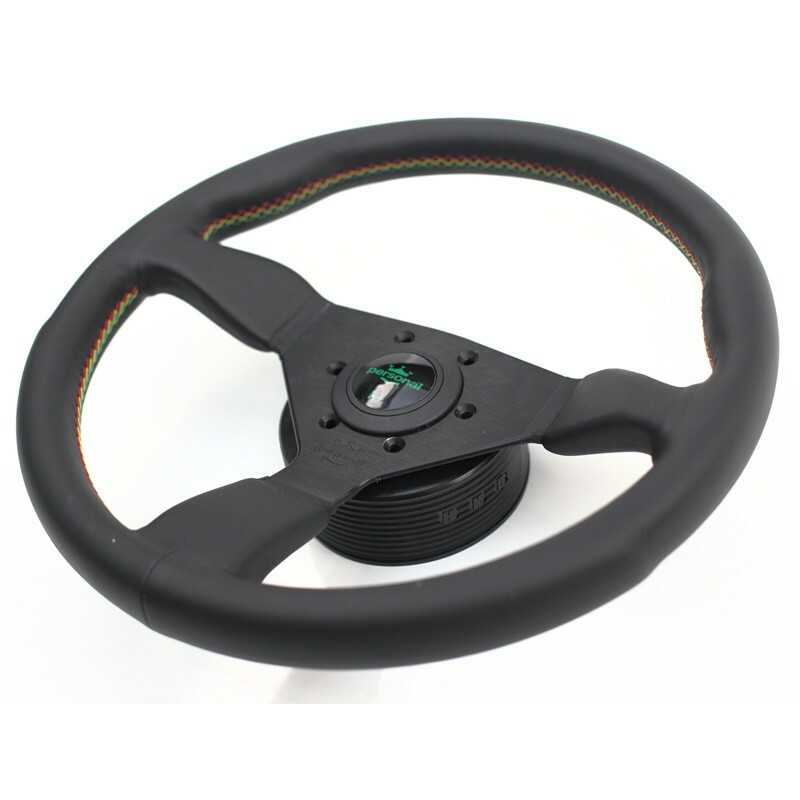Volant Personal Grinta Kingston Edition (330 mm), Cuir Noir, Branches Noires, Coutures Rasta
