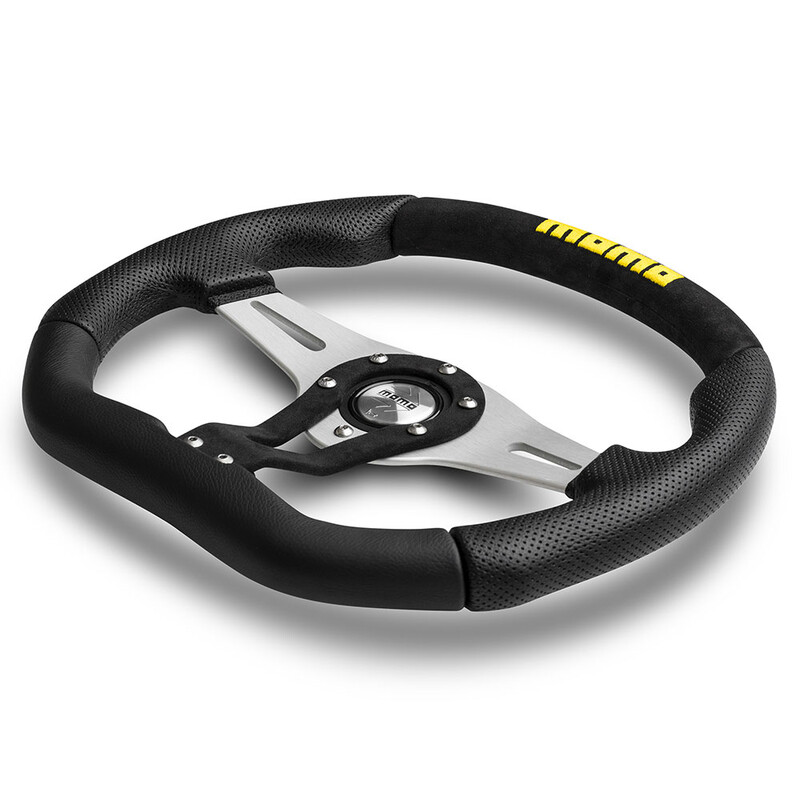 Volant Momo Trek Tulipé (38 mm), Cuir Noir, Branches Alu - 35 cm