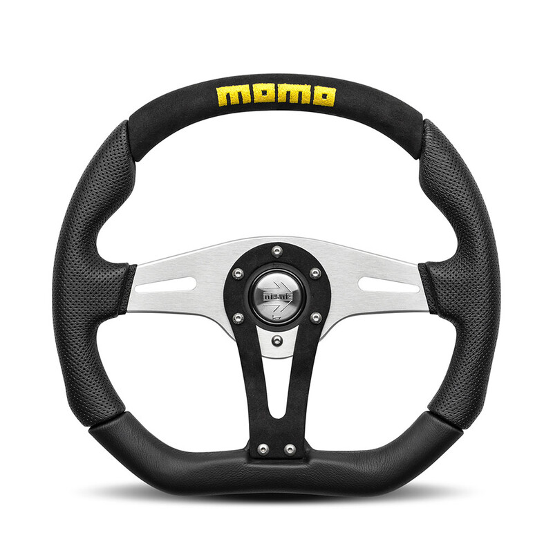 Volant Momo Trek Tulipé (38 mm), Cuir Noir, Branches Alu - 35 cm