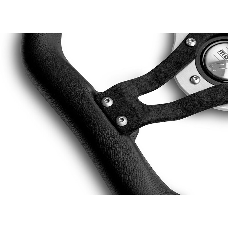 Volant Momo Trek Tulipé (38 mm), Cuir Noir, Branches Alu - 35 cm