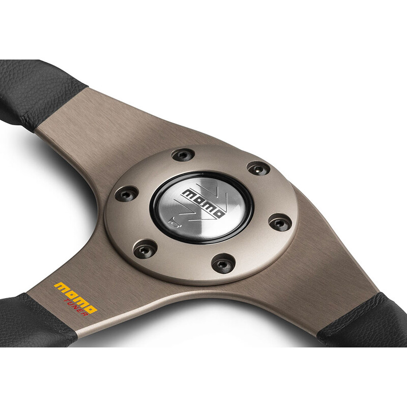 Volant Momo Tuner Tulipé (40 mm), Cuir Noir, Branches Anthracite - 32 cm