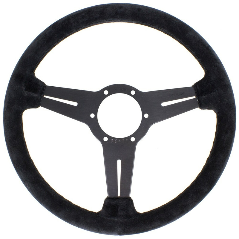 Volant Nardi Classic ND36, Cuir Noir Retourné, Branches Noires, Coutures Noires, Tulipé 40 mm