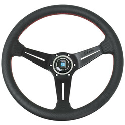 Volant Nardi Classic ND36, Cuir Noir Perforé, Branches Noires, Coutures Rouges, Tulipé 40 mm