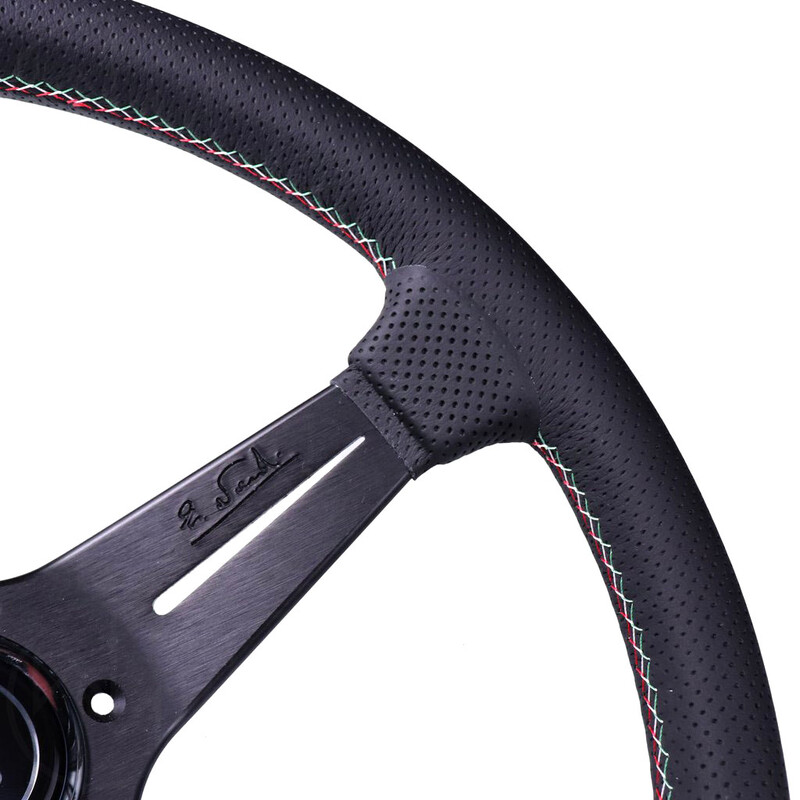 Volant Nardi Deep Corn Ø35, Cuir Noir Perforé, Branches Noires, Coutures Italia, Tulipé 75 mm