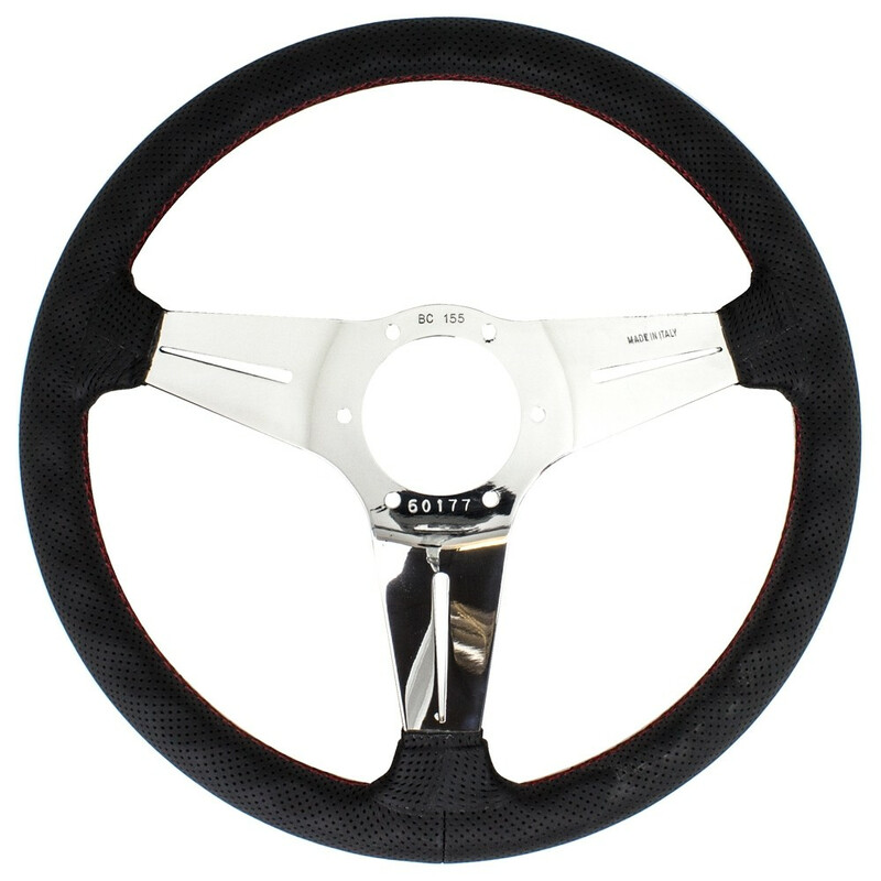 Volant Nardi Deep Corn Ø35, Cuir Noir Perforé, Branches Chromées, Coutures Rouges, Tulipé 75 mm