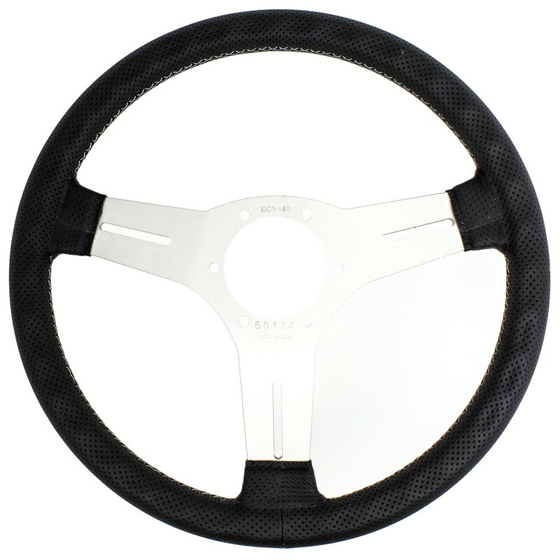 Volant Nardi Competition, Cuir Noir Perforé, Branches Alu, Coutures Grises, Tulipé 40 mm, Ø33 cm