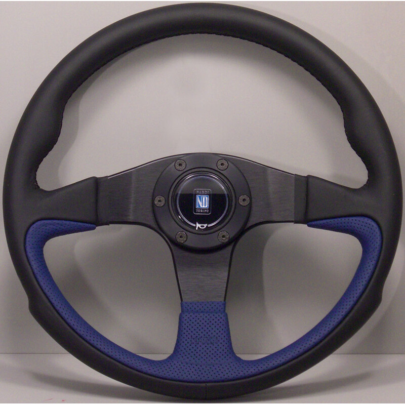 Volant Nardi Challenge, Cuir Bleu, Branches Noires, Coutures Noires, Tulipé 45 mm, Ø35 cm
