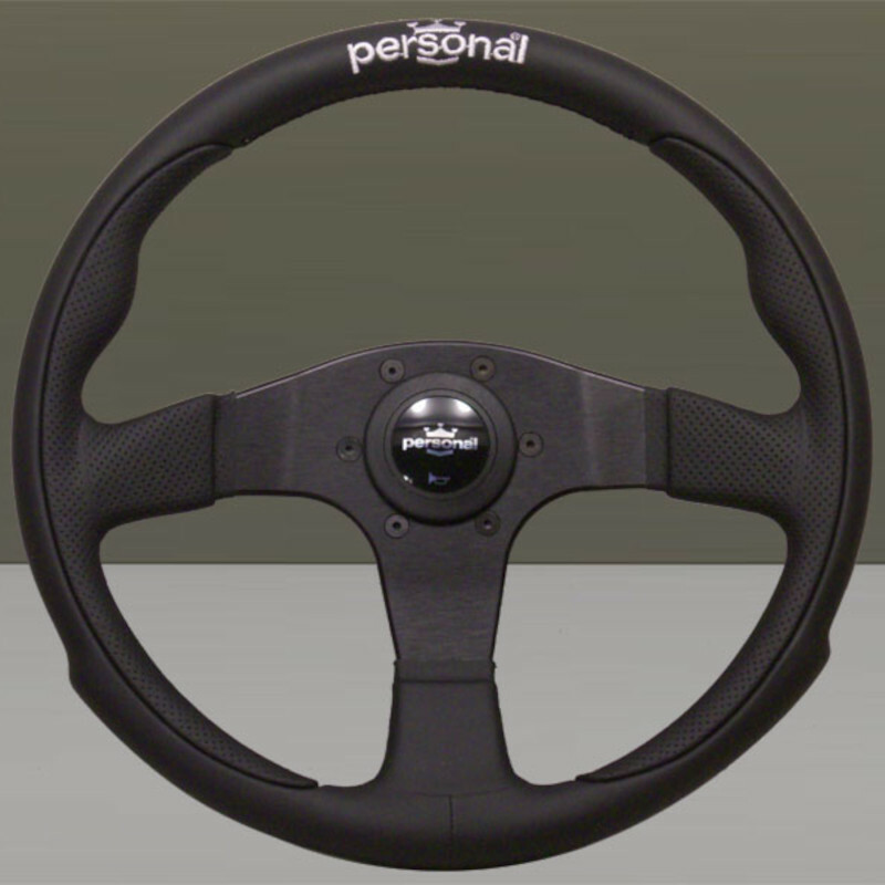 Volant Personal Pole Position (350 mm) Cuir Noir & Cuir Noir Perforé, Branches Noires, Logo Argent