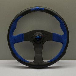 Volant Personal Pole Position (350 mm) Cuir Noir & Cuir Bleu Retourné, Branches Noires, Logo Bleu