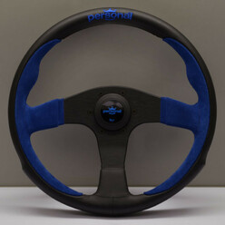 Volant Personal Pole Position (330 mm) Cuir Noir & Cuir Bleu Retourné, Branches Noires, Logo Bleu
