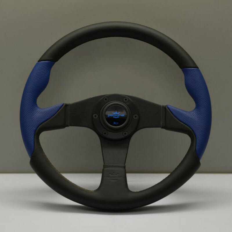 Volant Personal Thunder (350 mm) Cuir Noir & Cuir Bleu Perforé, Branches Noires