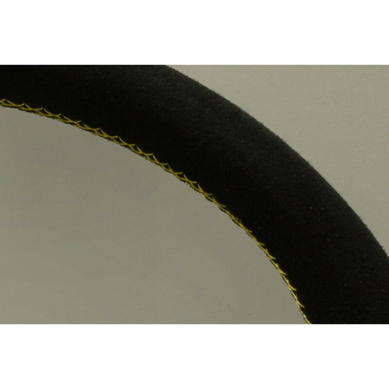 Volant Personal Fitti Corsa (350 mm) Cuir Noir Retourné, Branches Noires, Coutures Jaunes