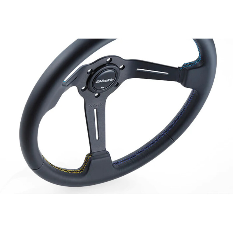 Volant GReddy "Deep Type" Tulipé (80 mm), Cuir Noir, Branches Noires - 340 mm