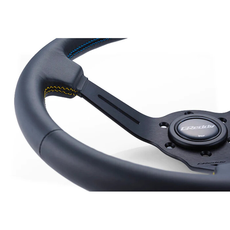 Volant GReddy "Deep Type" Tulipé (80 mm), Cuir Noir, Branches Noires - 340 mm