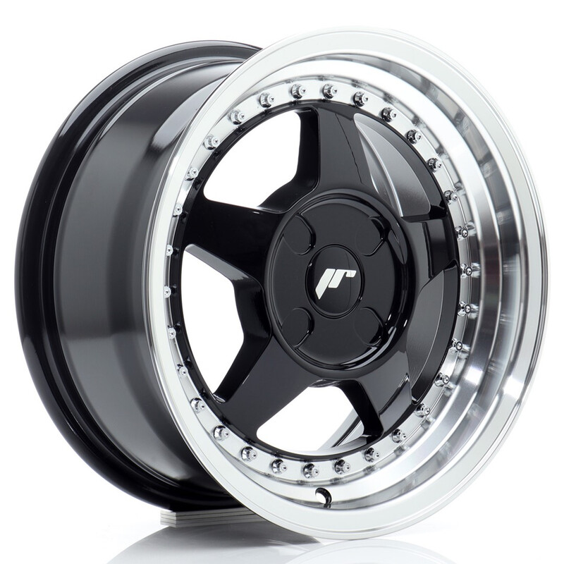 Japan Racing JR-6 15x7" (4 trous - sur mesure) ET20-35, Noir Brillant, Rebord Poli