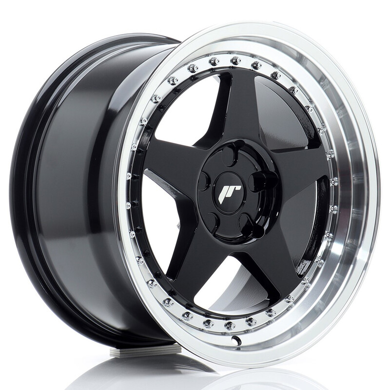 Japan Racing JR-6 17x9" (5 trous - sur mesure) ET20-35, Noir Brillant, Rebord Poli