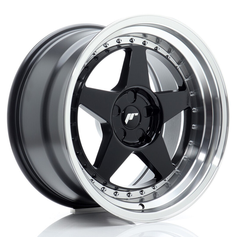 Japan Racing JR-6 18x10" (5 trous - sur mesure) ET0-25, Noir Brillant, Rebord Poli