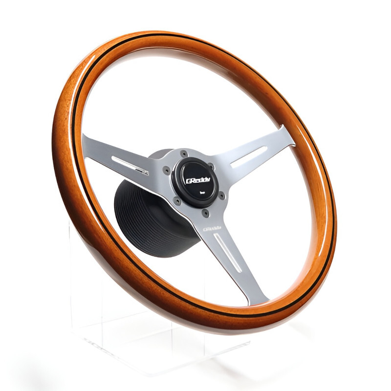 Volant GReddy "Wood Type" Tulipé (47 mm), Bois Clair, Branches Alu - 340 mm