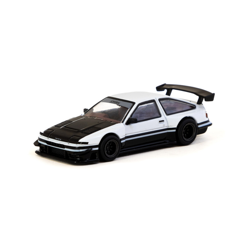 Tarmac Works 1/64 - Toyota Sprinter Trueno AE86 Widebody | Blanc / Noir + Cartes à Collectionner