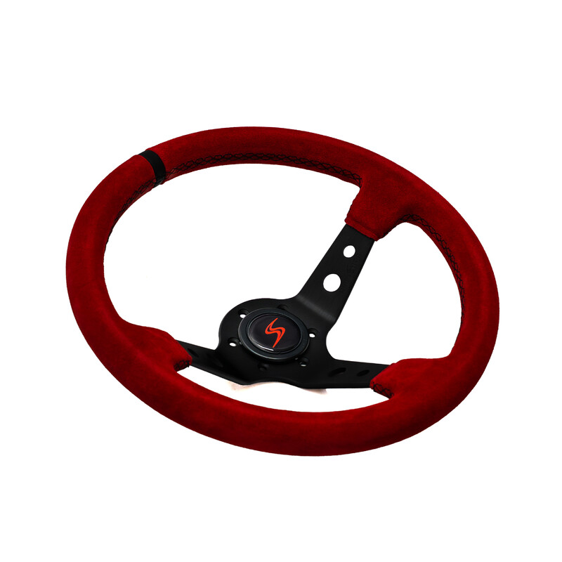 Volant DriftShop Tulipé (90 mm), Cuir Rouge Retourné, Branches Noires